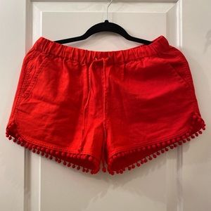 J. Crew red linen pompom shorts with drawstring